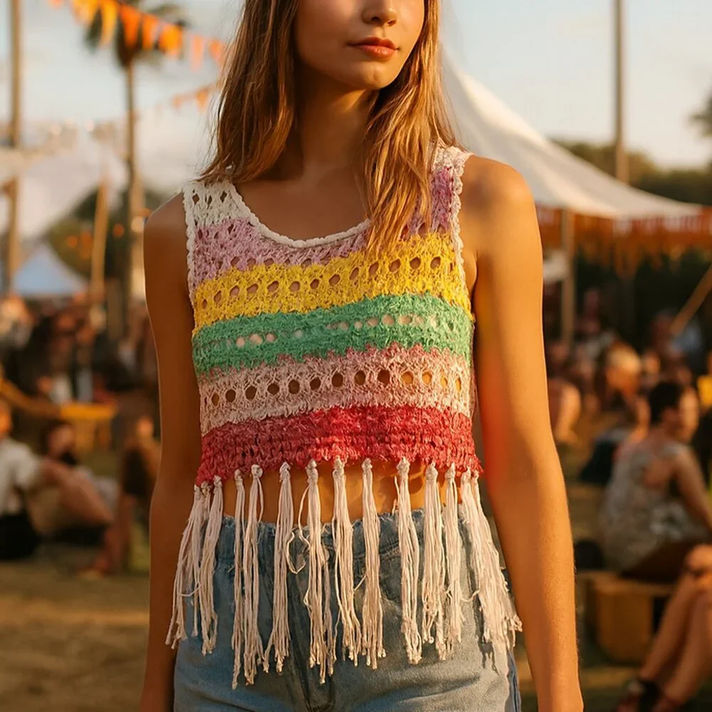 Vintage Y2K Boho Striped Colorful Fringe Crochet Knit 70s Sleeveless Top sz L/XL